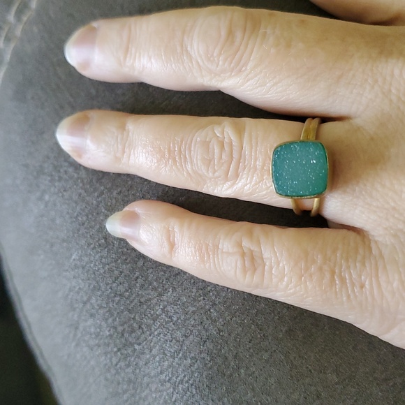 Jewelry - Aqua Druzy Quartz Ring – Gold-Tone Adjustable Band Sparkling Square Gemstone